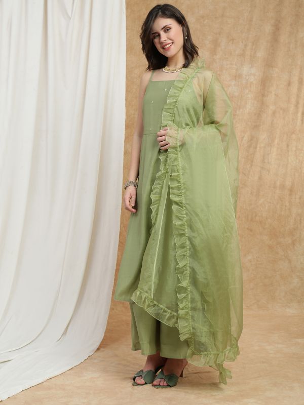 Green Sequin Embellished Festive Set with Square Neck A-Line Kurta, Gotta Lace Hem, Palazzos & Frilled Dupatta – Elegant Ethnic Ensemble for Women