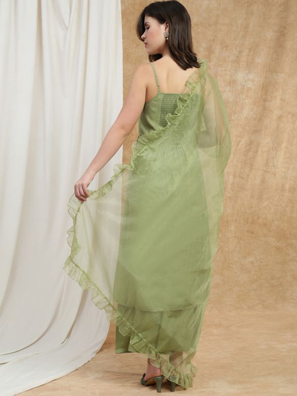 Green Sequin Embellished Festive Set with Square Neck A-Line Kurta, Gotta Lace Hem, Palazzos & Frilled Dupatta – Elegant Ethnic Ensemble for Women