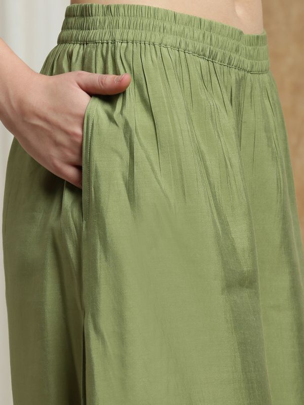 Green Sequin Embellished Festive Set with Square Neck A-Line Kurta, Gotta Lace Hem, Palazzos & Frilled Dupatta – Elegant Ethnic Ensemble for Women