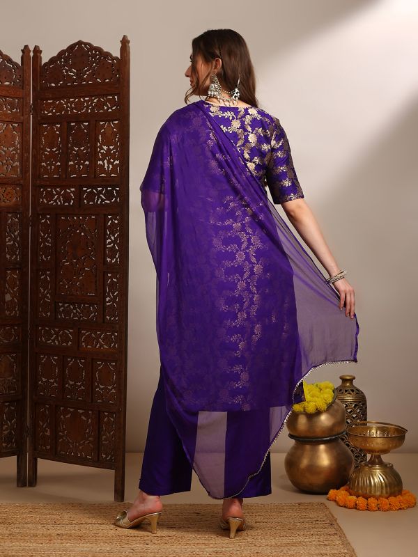 Purple Floral Woven Design Festive Set with V-Neck Straight Kurta, Pants & Taping Dupatta – Elegant Short-Sleeve Ethnic Ensemble