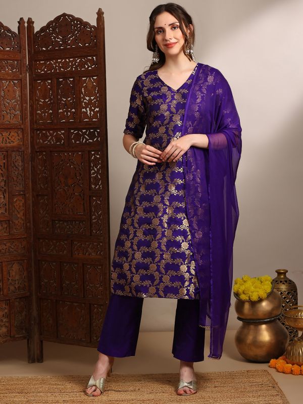 Purple Floral Woven Design Festive Set with V-Neck Straight Kurta, Pants & Taping Dupatta – Elegant Short-Sleeve Ethnic Ensemble