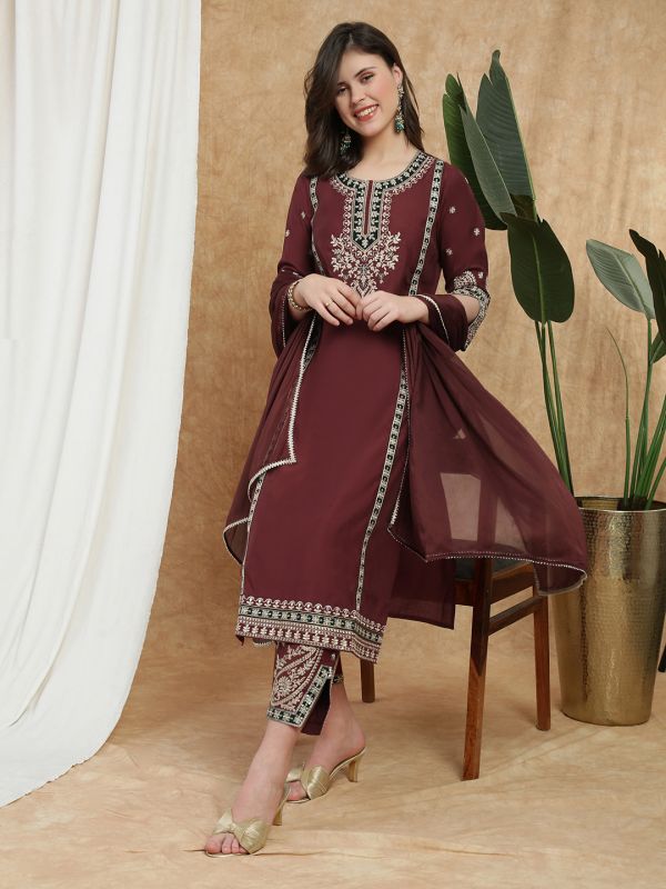 Maroon All-Over Embroidered Festive Set with Round Neck A-Line Kurta, Wide-Leg Pants & Dupatta – Elegant Ethnic Ensemble for Women