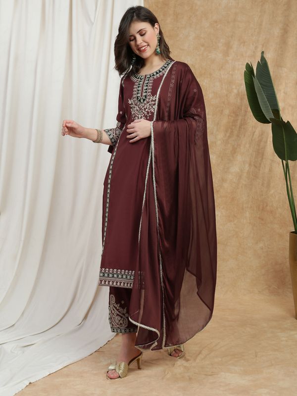Maroon All-Over Embroidered Festive Set with Round Neck A-Line Kurta, Wide-Leg Pants & Dupatta – Elegant Ethnic Ensemble for Women