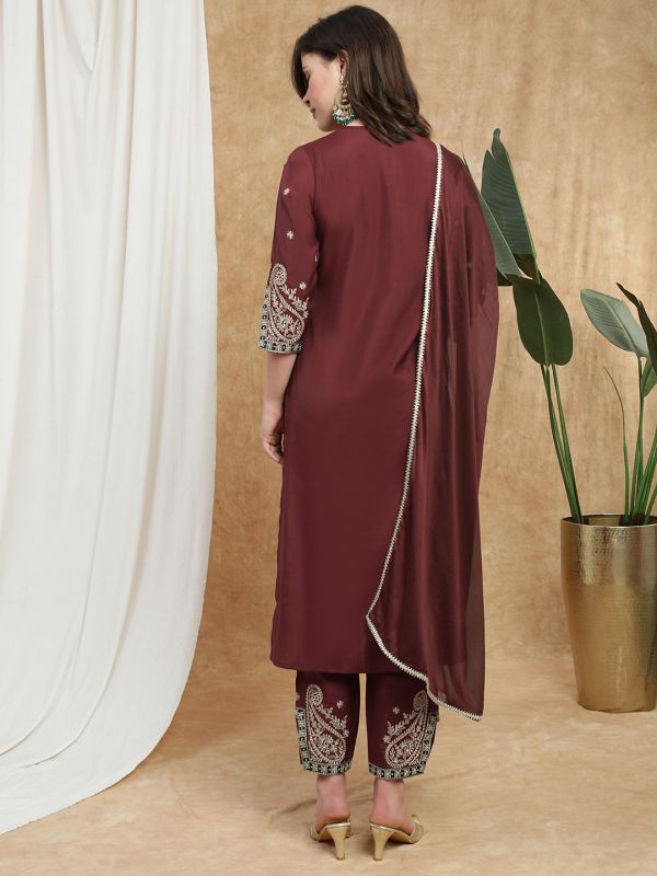 Maroon All-Over Embroidered Festive Set with Round Neck A-Line Kurta, Wide-Leg Pants & Dupatta – Elegant Ethnic Ensemble for Women