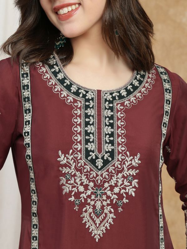 Maroon All-Over Embroidered Festive Set with Round Neck A-Line Kurta, Wide-Leg Pants & Dupatta – Elegant Ethnic Ensemble for Women