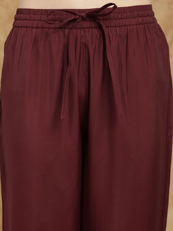 Maroon All-Over Embroidered Festive Set with Round Neck A-Line Kurta, Wide-Leg Pants & Dupatta – Elegant Ethnic Ensemble for Women