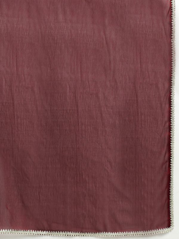 Maroon All-Over Embroidered Festive Set with Round Neck A-Line Kurta, Wide-Leg Pants & Dupatta – Elegant Ethnic Ensemble for Women