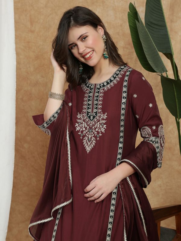 Maroon All-Over Embroidered Festive Set with Round Neck A-Line Kurta, Wide-Leg Pants & Dupatta – Elegant Ethnic Ensemble for Women
