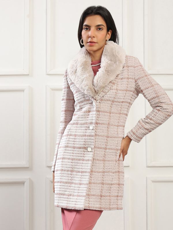 Bronze Checkered Self-Design Hip-Length Winter Overcoat with Shawl Collar, Faux Fur Detail & Two Pockets – Luxe Cold-Weather Layer