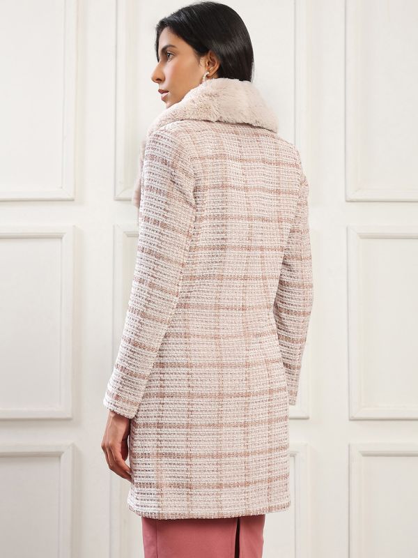 Bronze Checkered Self-Design Hip-Length Winter Overcoat with Shawl Collar, Faux Fur Detail & Two Pockets – Luxe Cold-Weather Layer