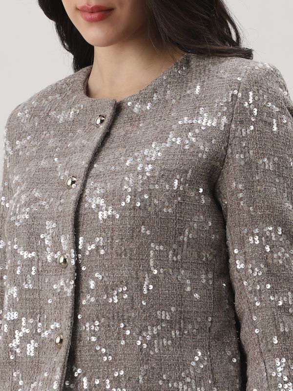 Grey Embellished Winter Overcoat with Round Neck, Long Sleeves & Two Pockets – Elegant Cold-Weather Outerwear for Women