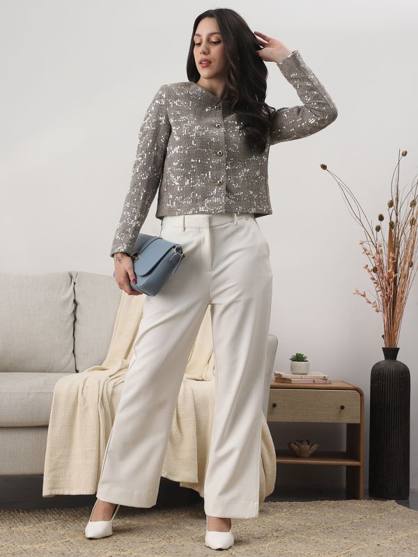 Grey Embellished Winter Overcoat with Round Neck, Long Sleeves & Two Pockets – Elegant Cold-Weather Outerwear for Women