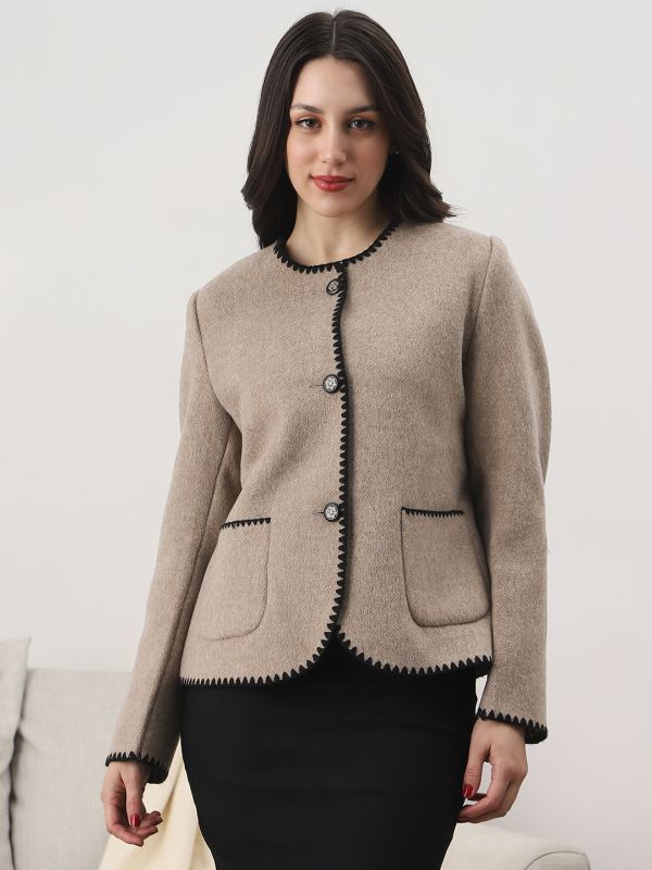 Brown Self-Design Winter Overcoat with Round Neck, Embroidered Detailing & Two Pockets – Elegant Long-Sleeve Outerwear for Women