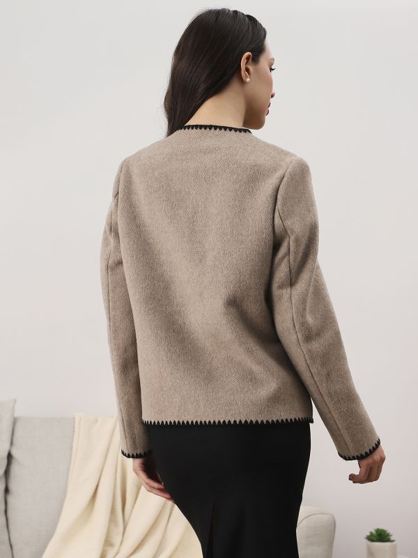 Brown Self-Design Winter Overcoat with Round Neck, Embroidered Detailing & Two Pockets – Elegant Long-Sleeve Outerwear for Women