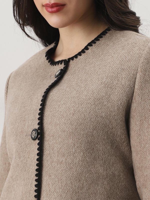 Brown Self-Design Winter Overcoat with Round Neck, Embroidered Detailing & Two Pockets – Elegant Long-Sleeve Outerwear for Women