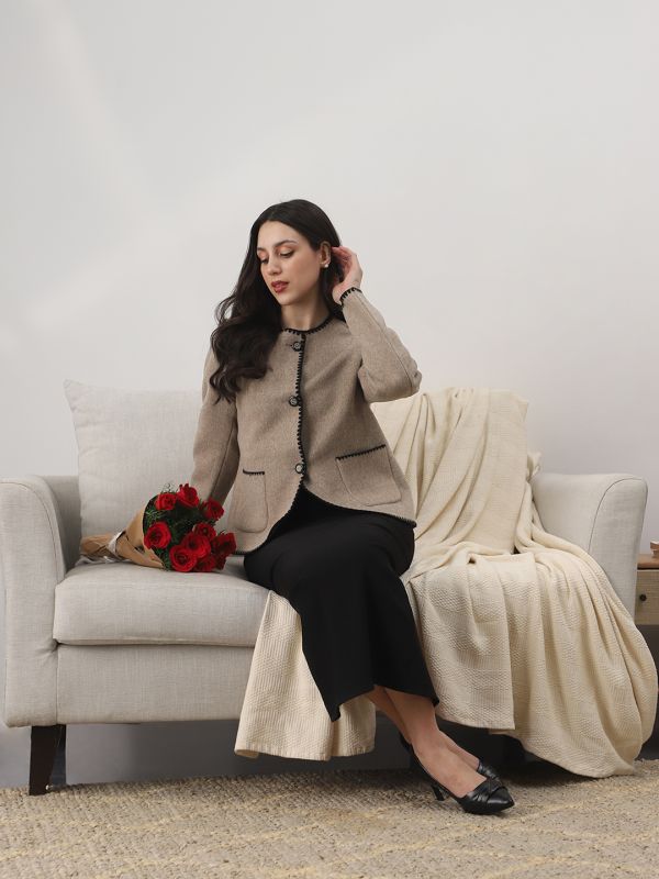 Brown Self-Design Winter Overcoat with Round Neck, Embroidered Detailing & Two Pockets – Elegant Long-Sleeve Outerwear for Women