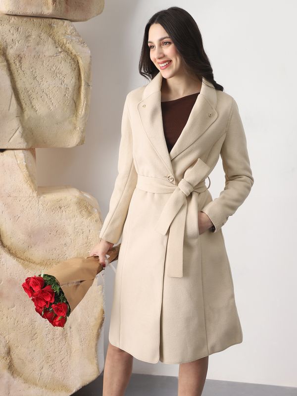 Beige Solid Belted Trench Coat with Shawl Collar, Long Sleeves & Two Pockets – Elegant Winterwear for Women