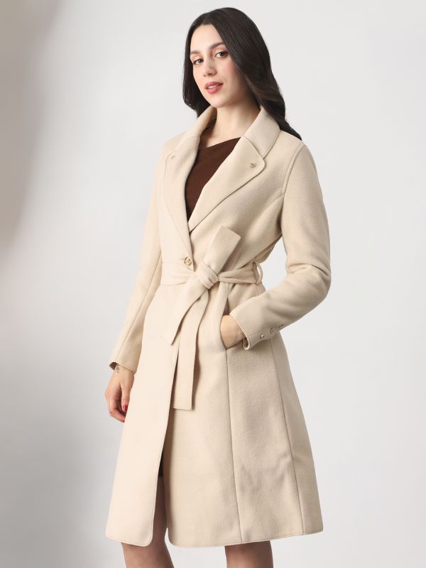 Beige Solid Belted Trench Coat with Shawl Collar, Long Sleeves & Two Pockets – Elegant Winterwear for Women