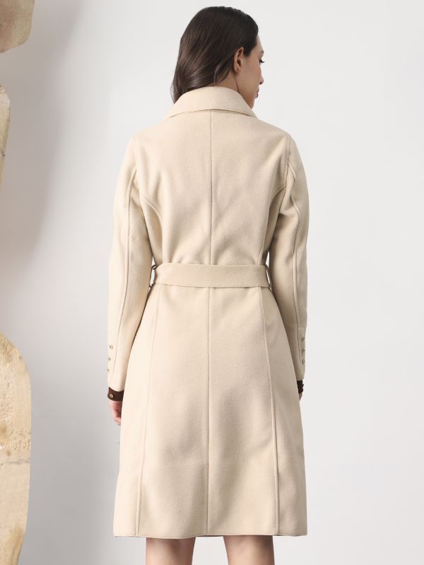 Beige Solid Belted Trench Coat with Shawl Collar, Long Sleeves & Two Pockets – Elegant Winterwear for Women