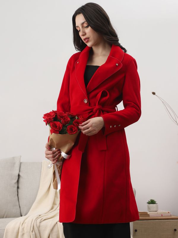 Red Solid Belted Trench Coat with Shawl Collar, Long Sleeves & Two Pockets – Elegant Winterwear Layer for Women