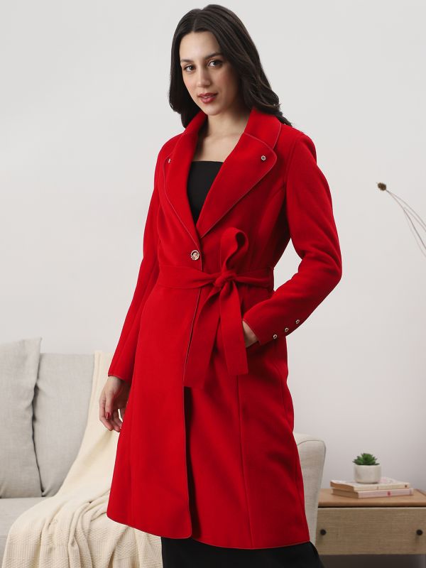 Red Solid Belted Trench Coat with Shawl Collar, Long Sleeves & Two Pockets – Elegant Winterwear Layer for Women