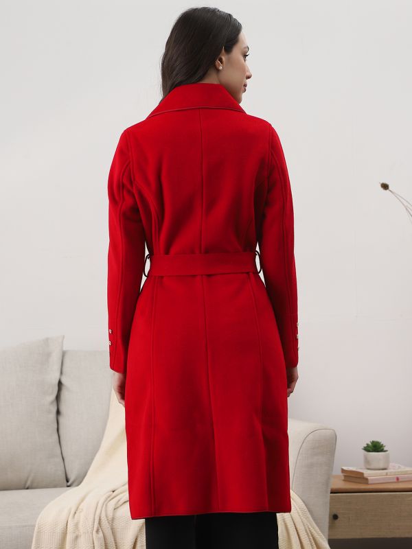 Red Solid Belted Trench Coat with Shawl Collar, Long Sleeves & Two Pockets – Elegant Winterwear Layer for Women