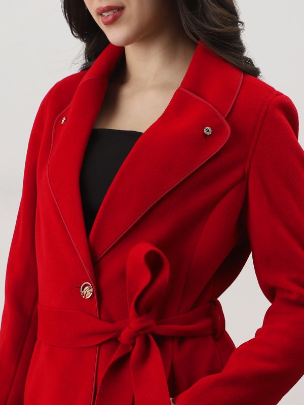 Red Solid Belted Trench Coat with Shawl Collar, Long Sleeves & Two Pockets – Elegant Winterwear Layer for Women