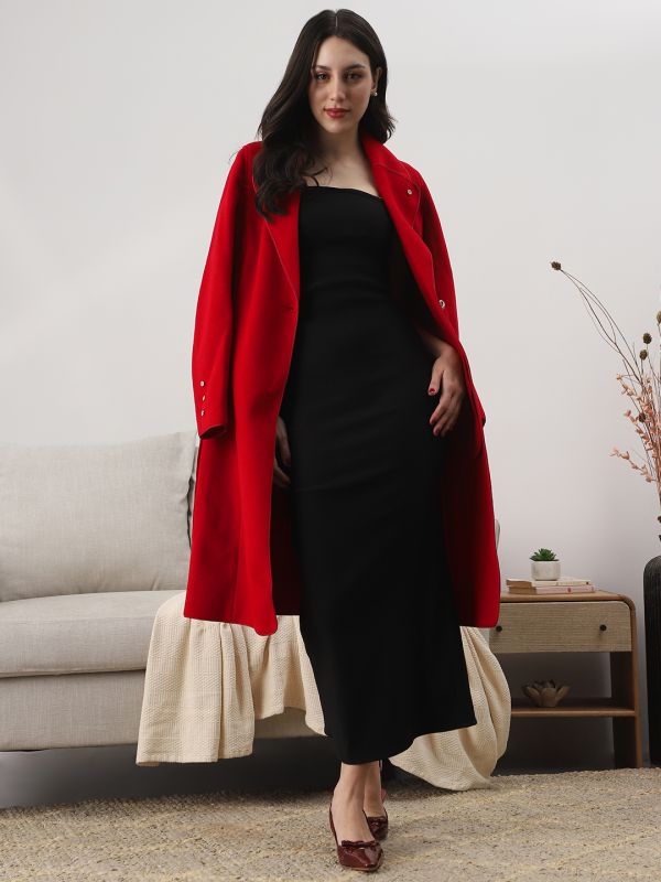 Red Solid Belted Trench Coat with Shawl Collar, Long Sleeves & Two Pockets – Elegant Winterwear Layer for Women