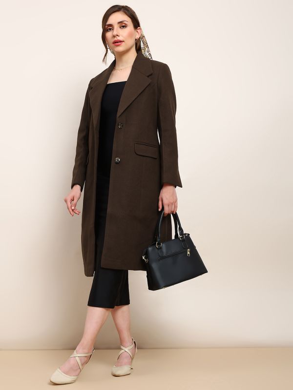 Brown Solid Knee-Length Winter Overcoat with Notched Lapel Collar & Long Sleeves – Elegant Cold-Weather Outerwear
