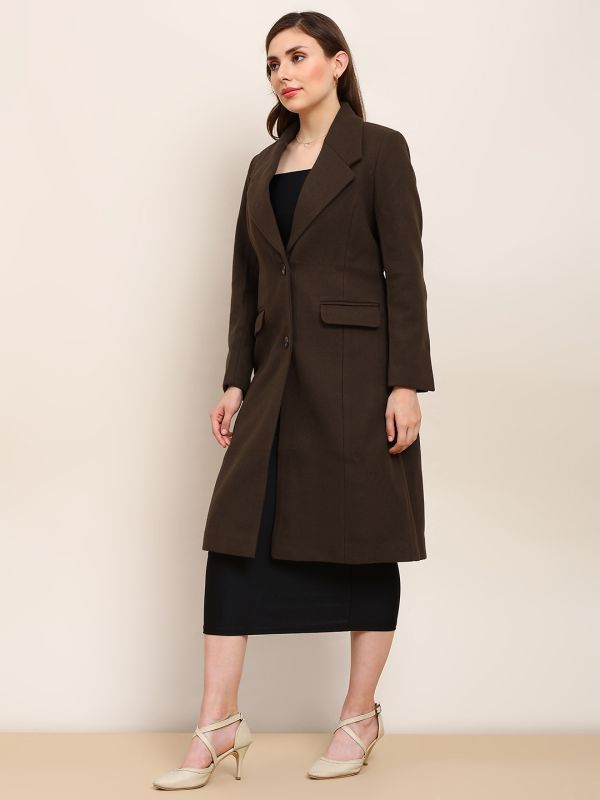 Brown Solid Knee-Length Winter Overcoat with Notched Lapel Collar & Long Sleeves – Elegant Cold-Weather Outerwear