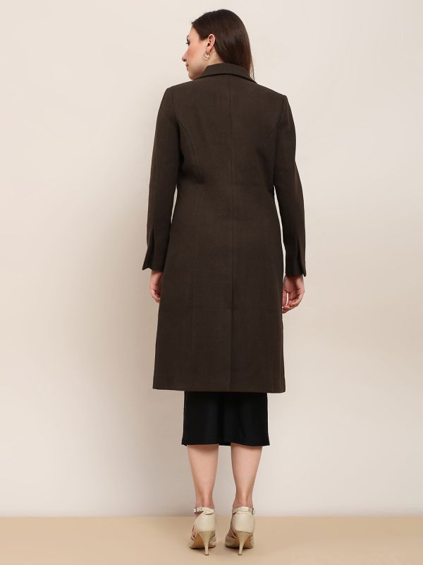 Brown Solid Knee-Length Winter Overcoat with Notched Lapel Collar & Long Sleeves – Elegant Cold-Weather Outerwear