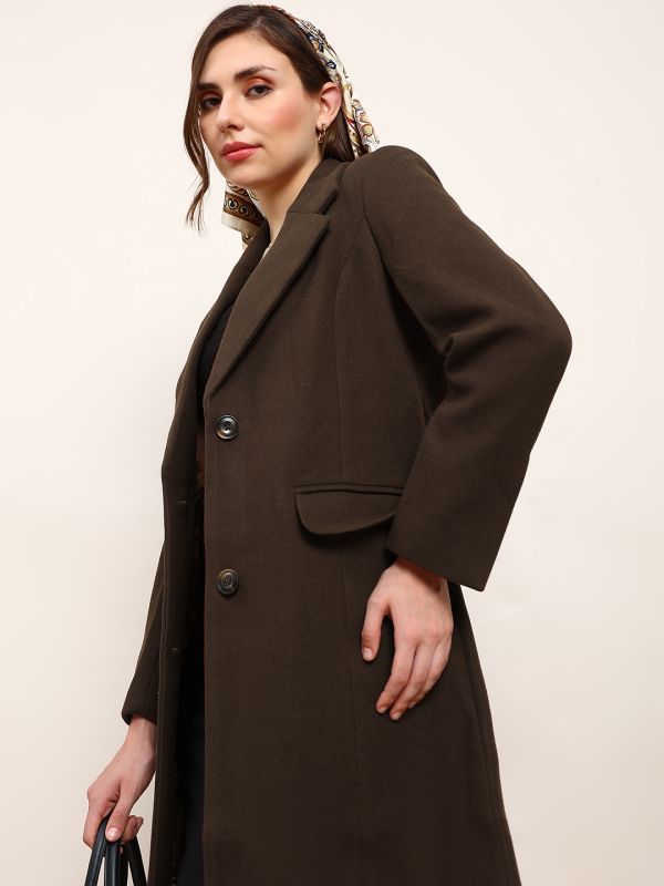 Brown Solid Knee-Length Winter Overcoat with Notched Lapel Collar & Long Sleeves – Elegant Cold-Weather Outerwear