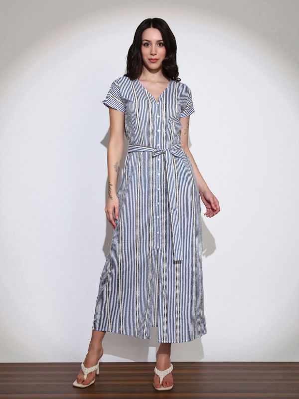 Stylish Blue Striped A-Line Midi Shirt Dress with V-Neck, Front Slit & Belted Waist – Elegant Everyday Workwear