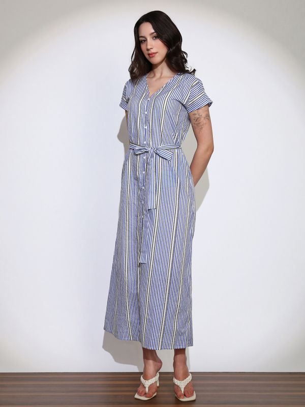 Stylish Blue Striped A-Line Midi Shirt Dress with V-Neck, Front Slit & Belted Waist – Elegant Everyday Workwear