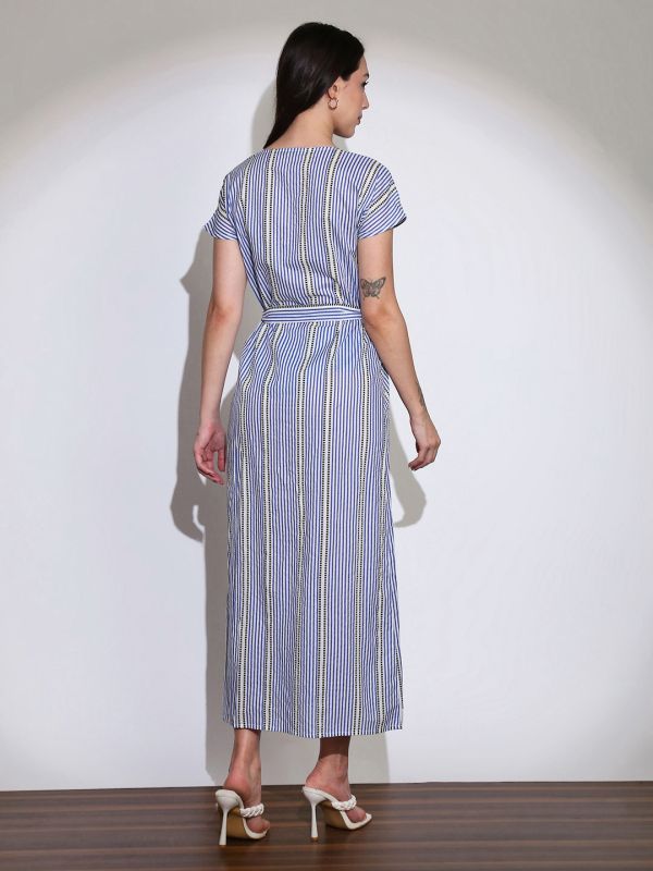 Stylish Blue Striped A-Line Midi Shirt Dress with V-Neck, Front Slit & Belted Waist – Elegant Everyday Workwear