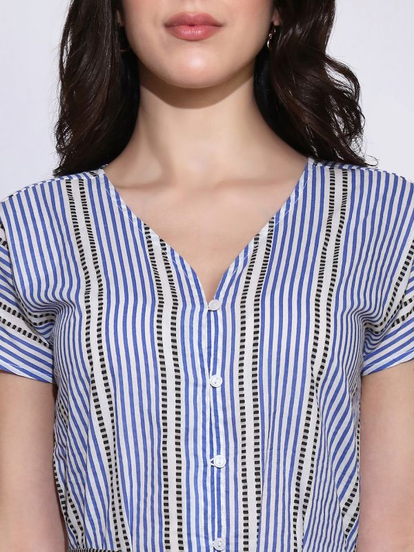 Stylish Blue Striped A-Line Midi Shirt Dress with V-Neck, Front Slit & Belted Waist – Elegant Everyday Workwear