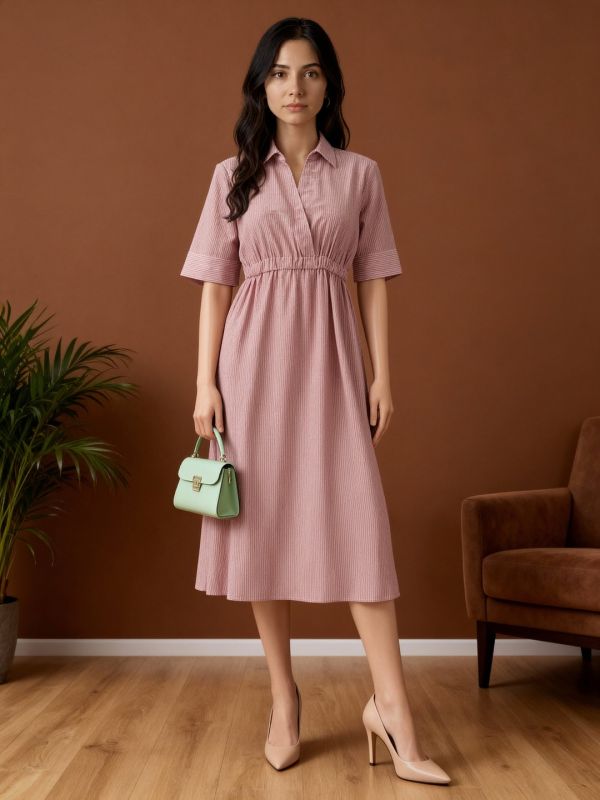 Brown Striped Fit & Flare Midi Dress with Collared V-Neck and Short Sleeves – Perfect for Everyday Office Elegance