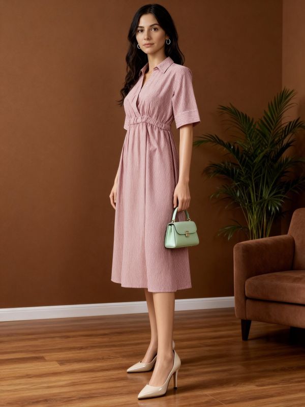 Brown Striped Fit & Flare Midi Dress with Collared V-Neck and Short Sleeves – Perfect for Everyday Office Elegance