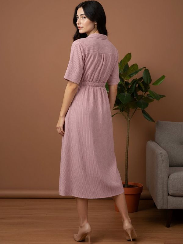 Brown Striped Fit & Flare Midi Dress with Collared V-Neck and Short Sleeves – Perfect for Everyday Office Elegance