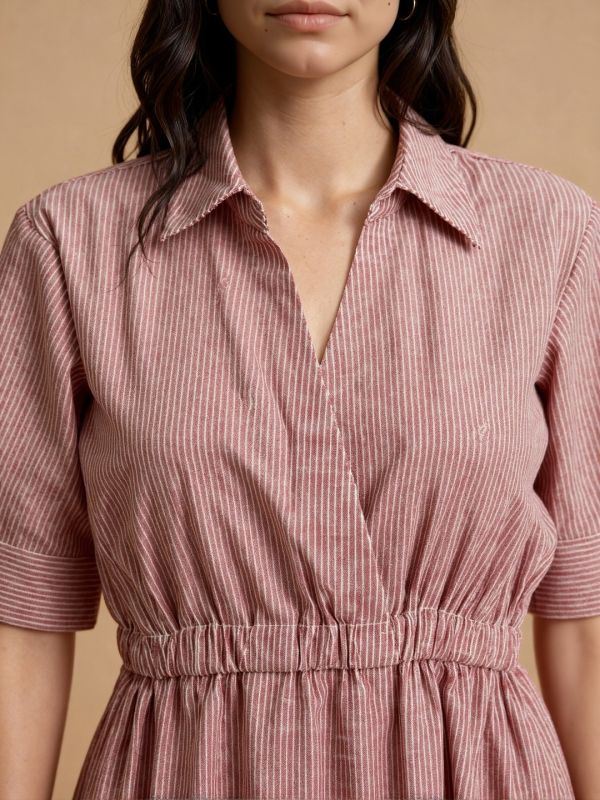 Brown Striped Fit & Flare Midi Dress with Collared V-Neck and Short Sleeves – Perfect for Everyday Office Elegance