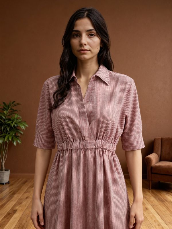 Brown Striped Fit & Flare Midi Dress with Collared V-Neck and Short Sleeves – Perfect for Everyday Office Elegance