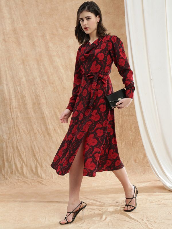 Red Floral Print Midi A-Line Dress with Cowl Neck, Cuffed Sleeves & Front Slit – Comes with Adjustable Waist Belt