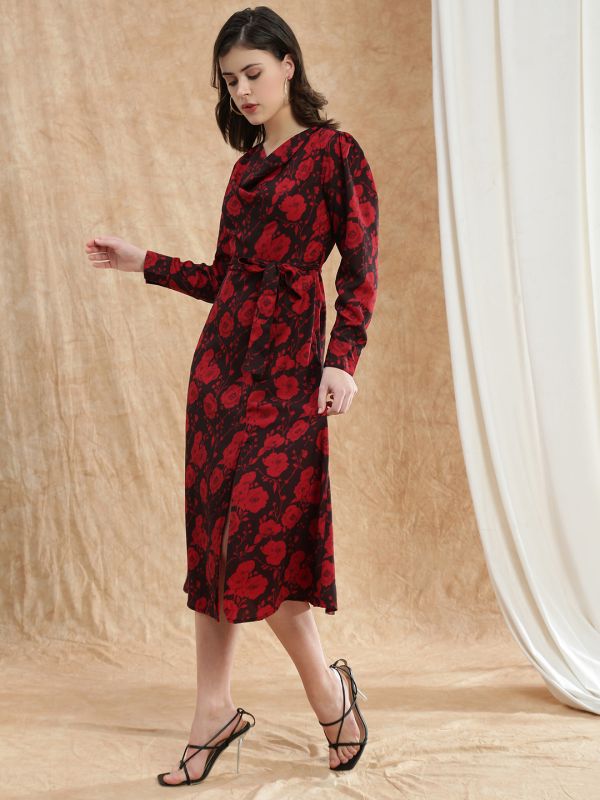 Red Floral Print Midi A-Line Dress with Cowl Neck, Cuffed Sleeves & Front Slit – Comes with Adjustable Waist Belt