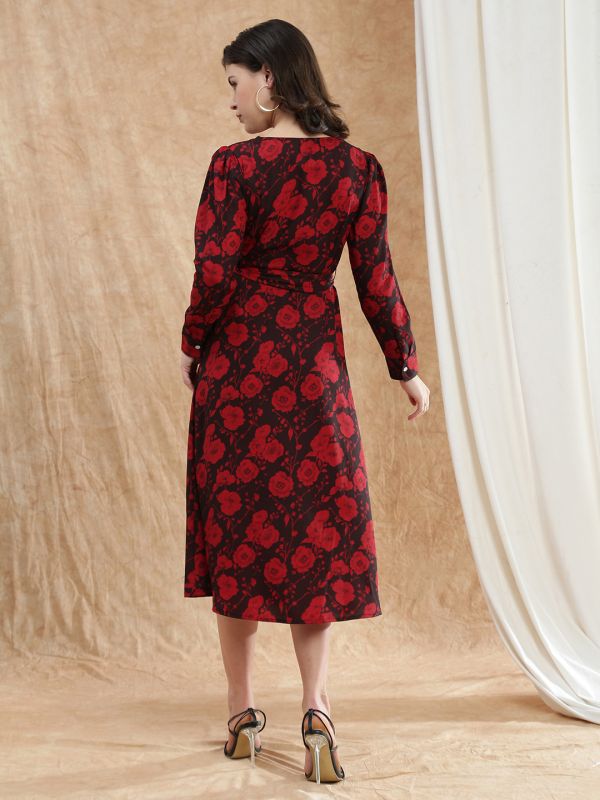 Red Floral Print Midi A-Line Dress with Cowl Neck, Cuffed Sleeves & Front Slit – Comes with Adjustable Waist Belt