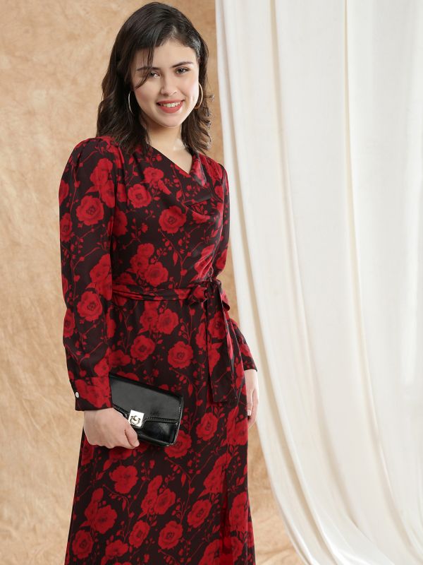 Red Floral Print Midi A-Line Dress with Cowl Neck, Cuffed Sleeves & Front Slit – Comes with Adjustable Waist Belt