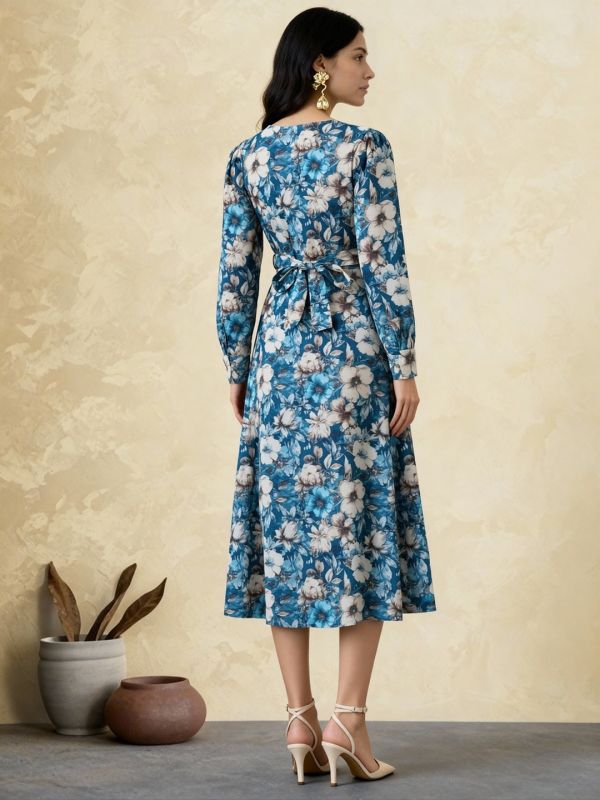 Elegant Blue Floral Print Midi A-Line Dress with Cowl Neck, Cuffed Sleeves & Front Slit – Comes with Matching Belt