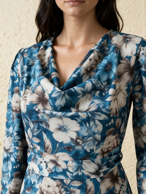 Elegant Blue Floral Print Midi A-Line Dress with Cowl Neck, Cuffed Sleeves & Front Slit – Comes with Matching Belt