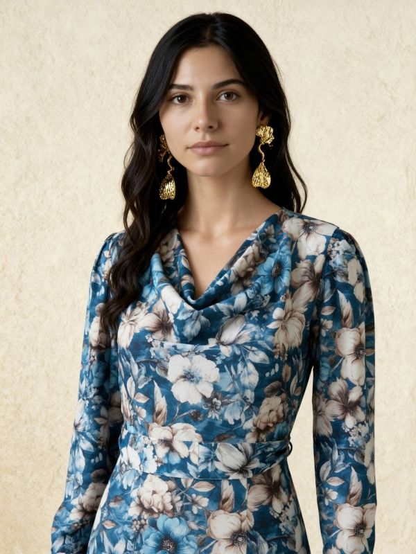 Elegant Blue Floral Print Midi A-Line Dress with Cowl Neck, Cuffed Sleeves & Front Slit – Comes with Matching Belt