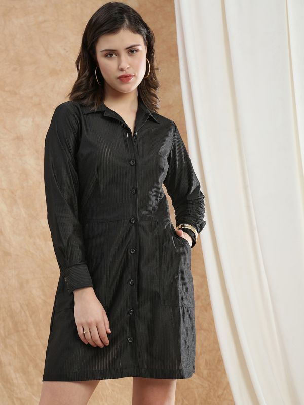 Black Self-Design Mini Shirt Dress with Collared Neck, Cuffed Sleeves & Utility Pockets – Smart Workwear Style