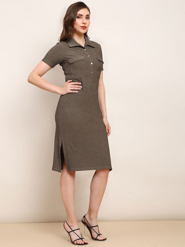 Brown Self-Design Midi Shirt Dress with Collared Neck, Utility Pockets & Side Slits – Perfect for Smart Office & Casual Wear